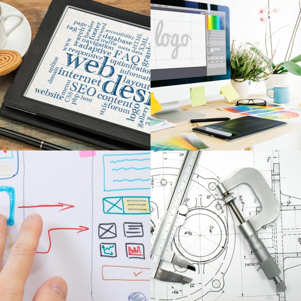 Collage of designer work: web design, logo design, wireframes and technical drawing