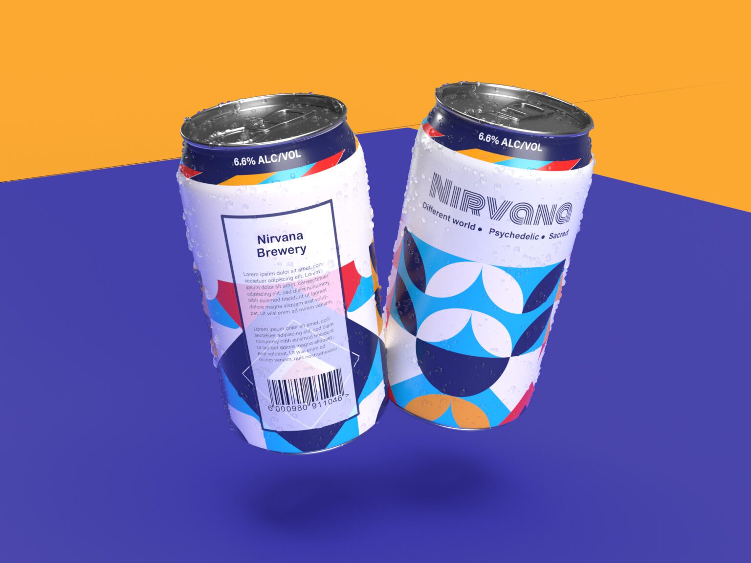 Nirvana Brewery Co. cans floating on violet and orange
