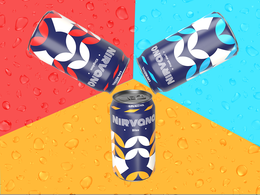 Three Nirvana cans on red, sky blue and yellow